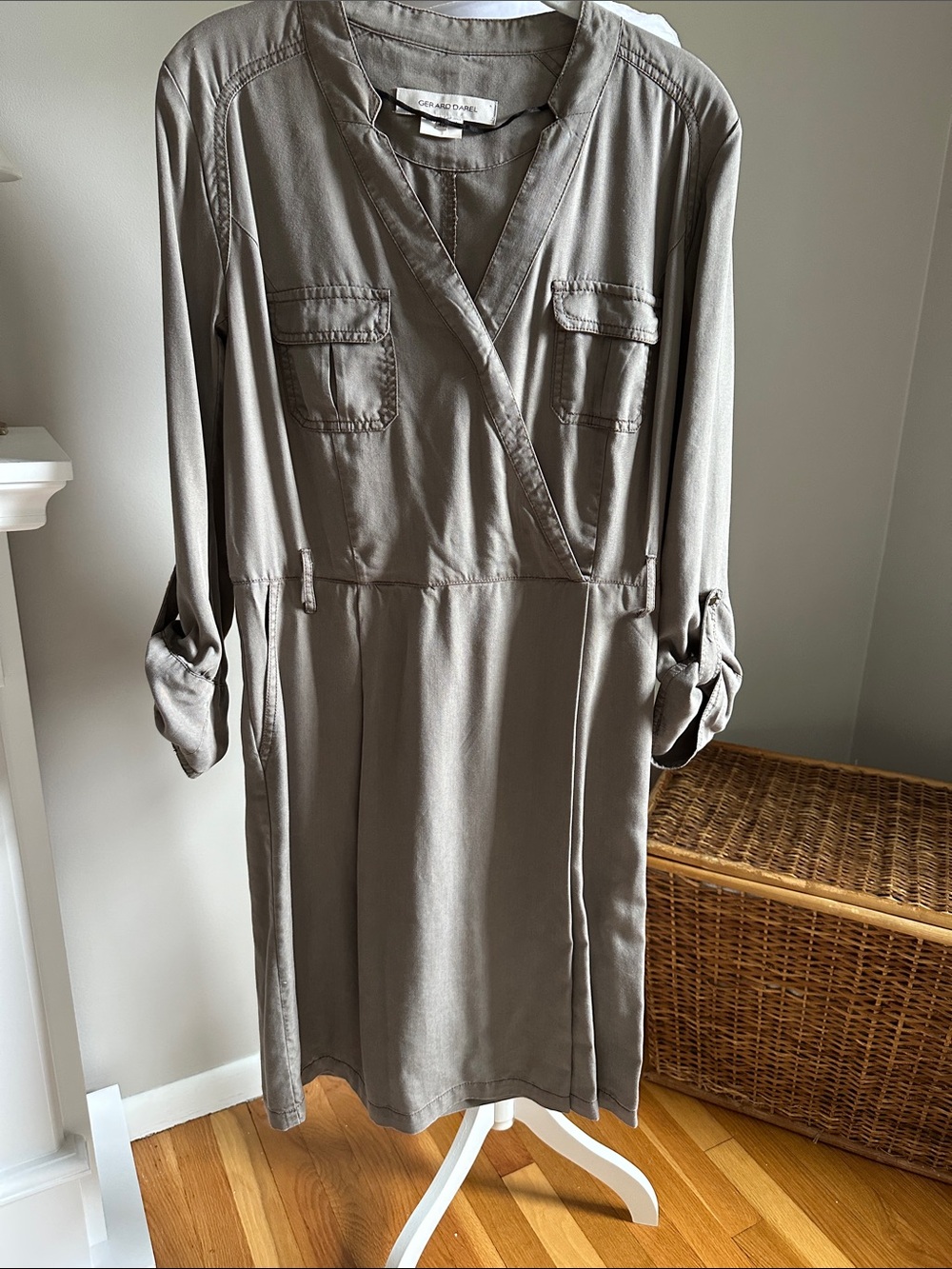 Gerard Darrel Olive Gray Long Sleeve Wrap Shirt Dress, Euro Sz 40